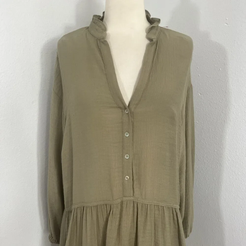 Zara Mini Dress Womens Small Olive Ruffle‎ V Neck Tiered Vacation